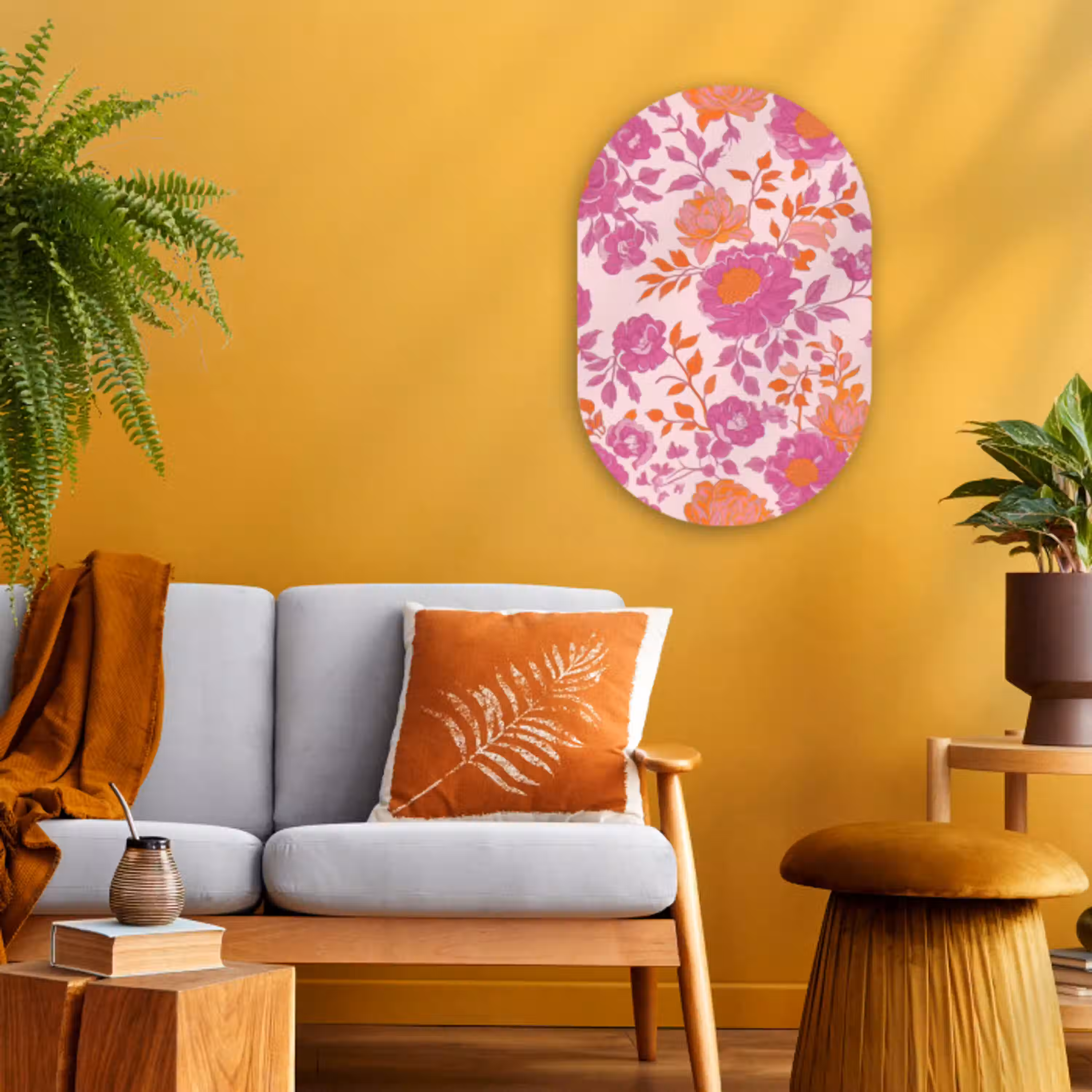 Bloemenpatroon - Roze - Oranje - Bloemen Wandcirkel Ovaal Forex klein -sfeer4