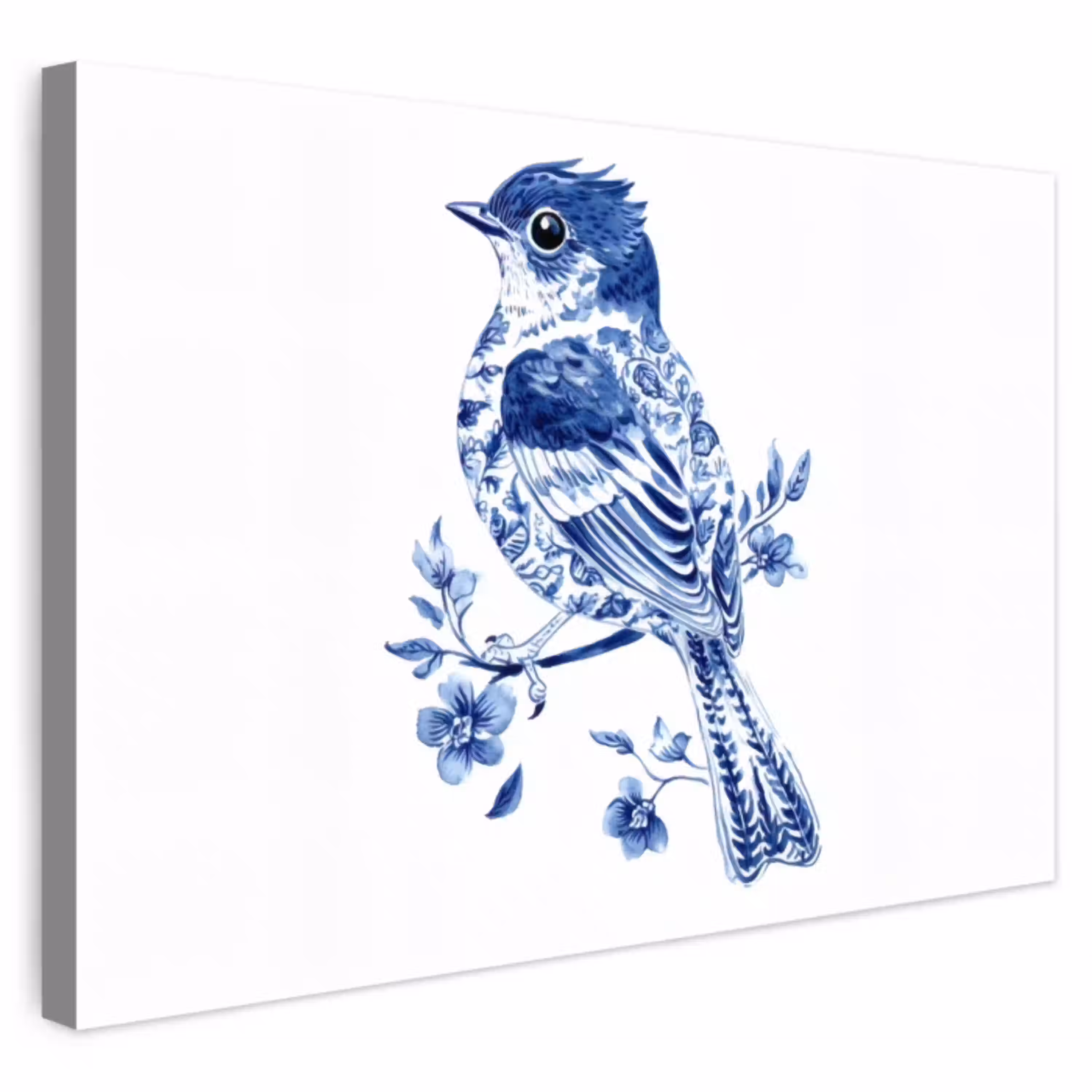 Vogel - Delfts blauw - Illustratie - Bloemen Tuinposter op houten frame 2 cm dik klein -3d