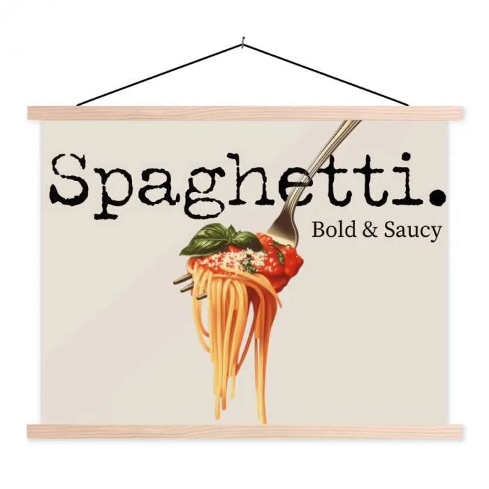 Spaghetti - tomatensaus - Parmezaanse kaas textielposter latten blank klein -3d