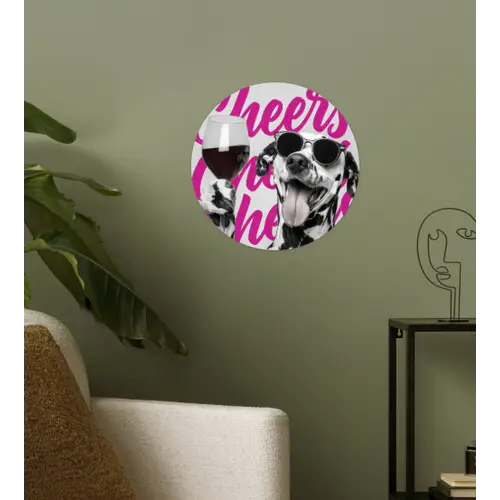 Cheers - Hond - Roze - Wijn Wandcirkel behangsticker klein -sfeer2