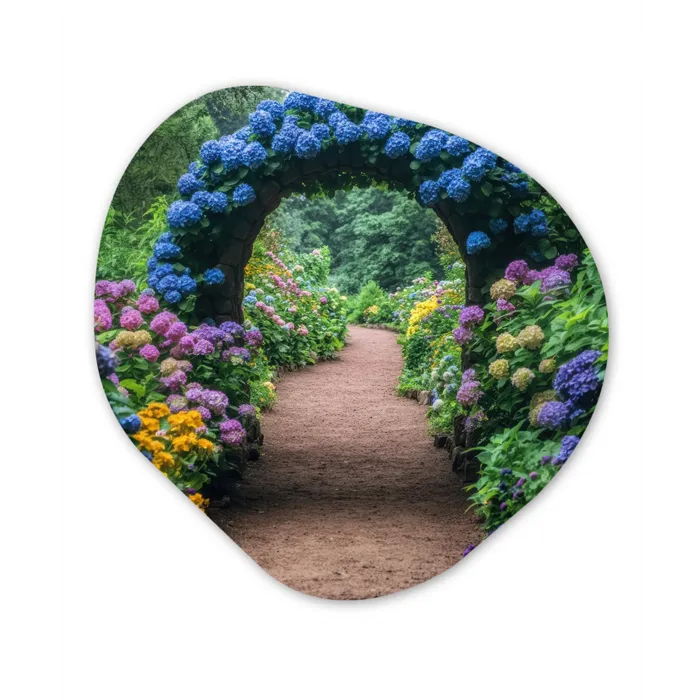 Doorkijk - Bloemen - Hortensia - Pad Wandcirkel Organisch Plexiglas middel -3d