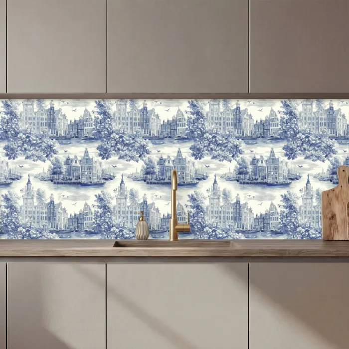Huizen - Bomen - Water - Vogels - Blauw keuken achterwand 2 middel 871 zz_3dshopping