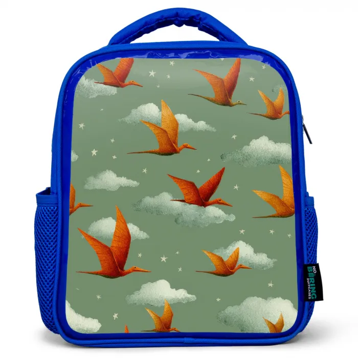 Dinosaurussen - Wolken - Sterren - Oranje Kinderrugzak - Blauw middel -3d