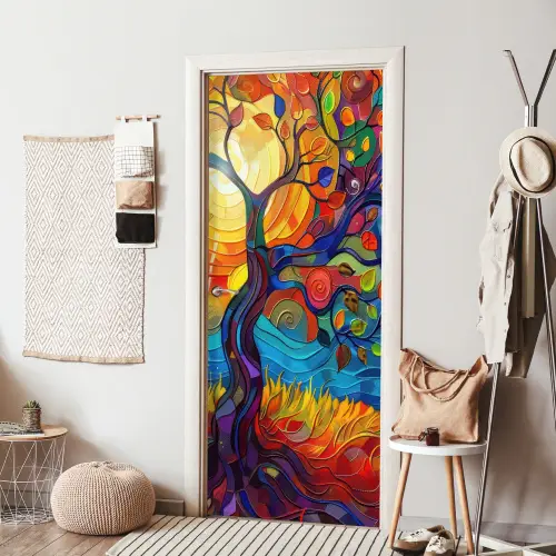 Boom - Zon - Verflook - Kleuren - Abstract deurposter klein -sfeer6