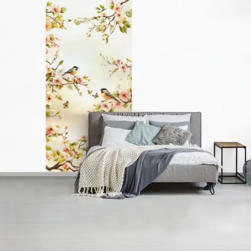 Takken - Bloemen - Vogeltjes - Roze fotobehang vinyl groot -slaapkamer