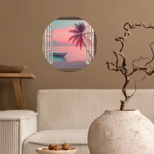 Doorkijk - Strand - Palmboom - Tropisch Wandcirkel behangsticker klein -sfeer1