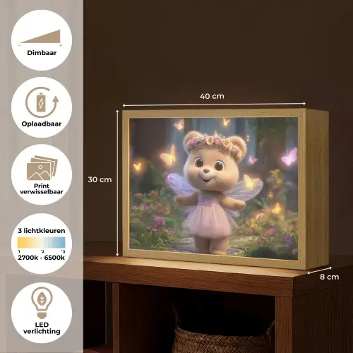 Teddybeer - Bloemenkrans - Vlinders - Elfenvleugels Light Box met batterij (Wandlamp kind) middel -USP_websiteoverzichtNL