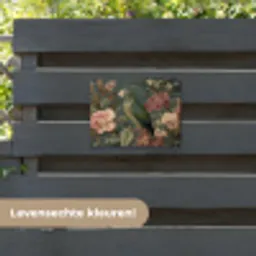 Groene papegaai - Kleurrijke bloemen - Donkere achtergrond tuinposter los doek klein -sfeer3