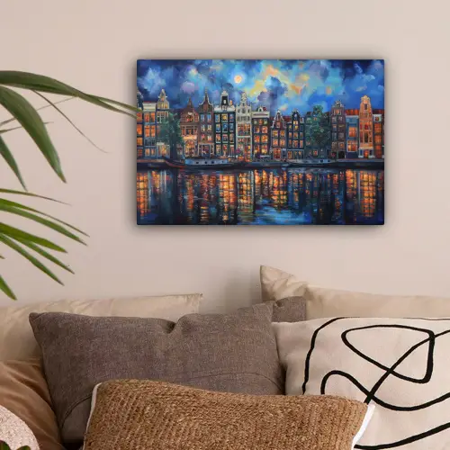 Grachten Amsterdam - Huizen - Stad - Kleurrijk canvas 2cm klein -sfeer1