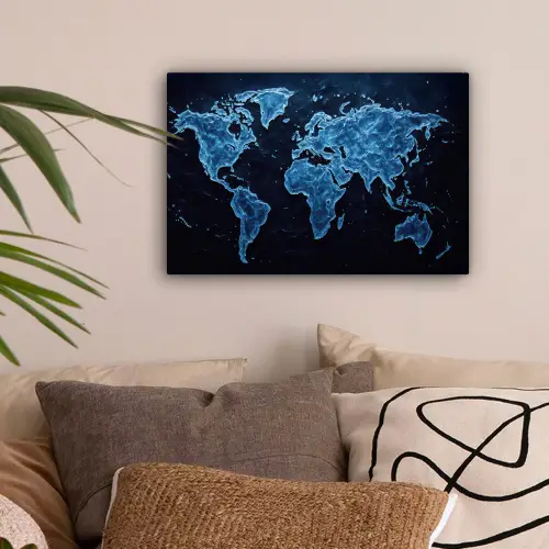 Wereldkaart - Waterstructuur - Blauw canvas 2cm klein -sfeer1