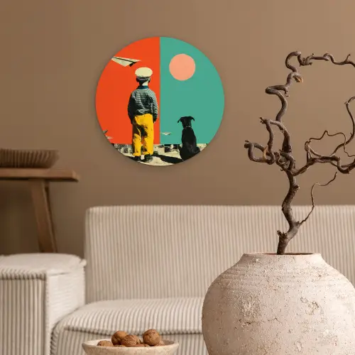 Retro - Jongen - Hond - Rood - Groen Wandcirkel kunststof plaat 5mm dik klein -sfeer1