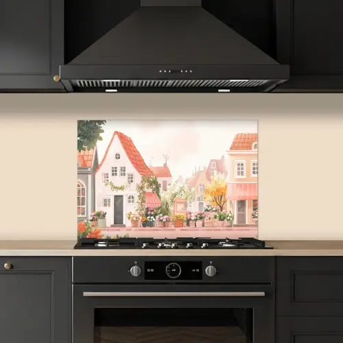 Bloemen - Huizen - Dorp keuken achterwand spatscherm klein -sfeer1