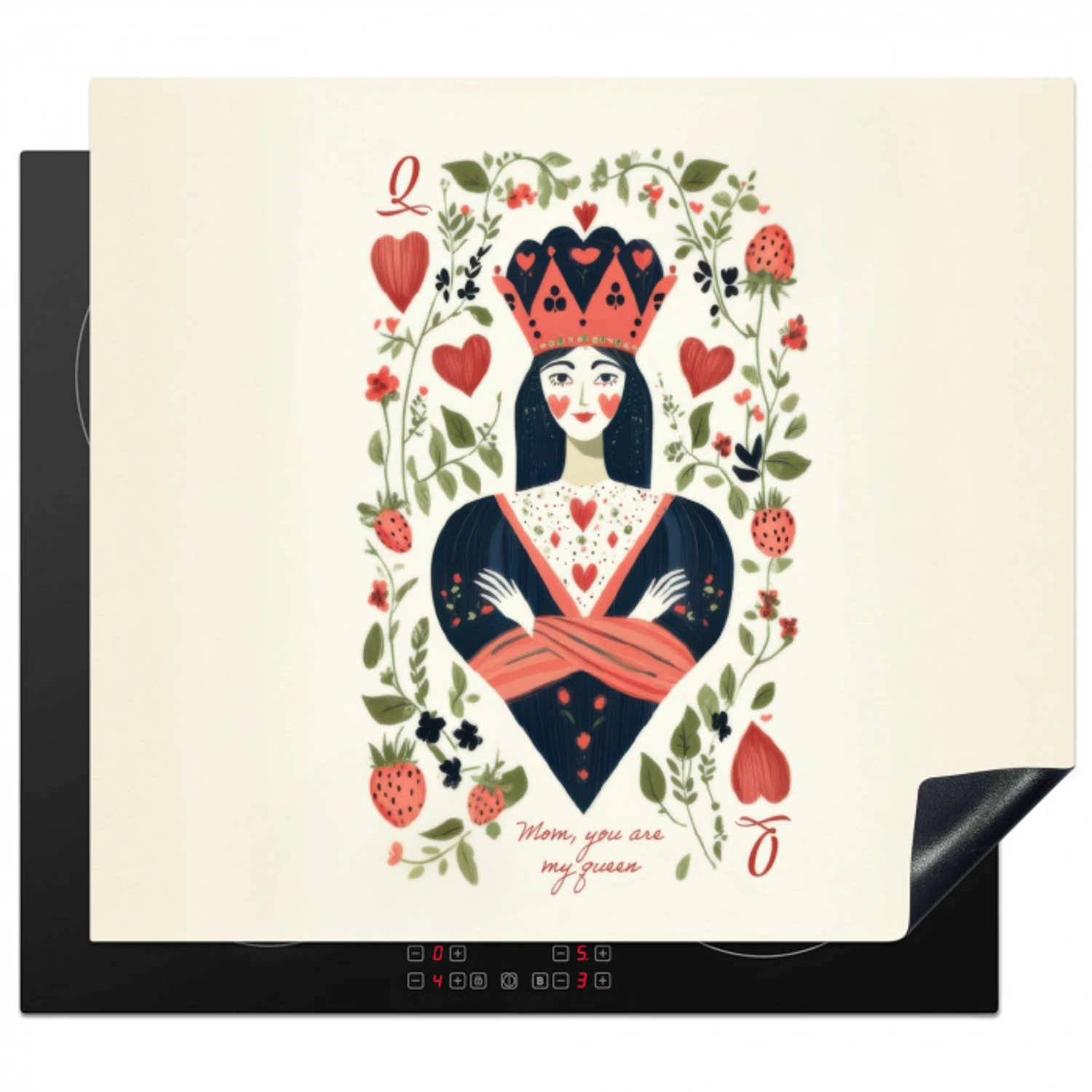 Speelkaart - Hartenkoningin - Bloemen - Hartjes Inductie beschermer vinyl 3mm middel -3d