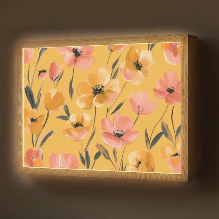 Bloemen - Geschilderd - Geel Light Box met batterij (Wandlamp) middel -z3d_website
