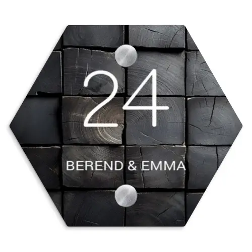 Zwarte houtblokken - Klassiek Naambord Hexagon klein -3d