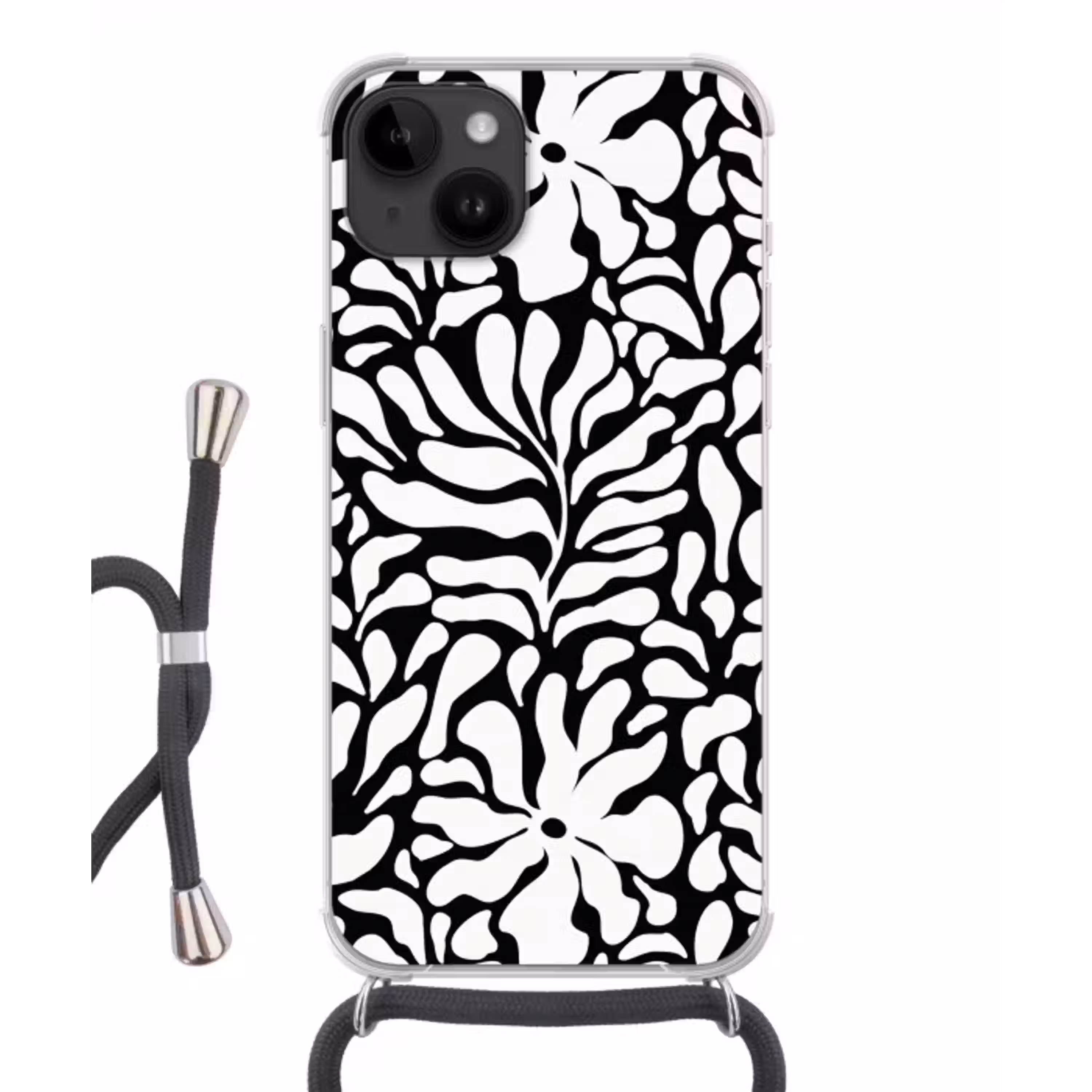 Bloemen print - Zwart - Wit - Bladeren Crossbody Case iPhone 14 middel -3d