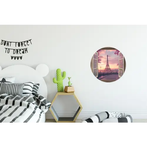 Doorkijk - Parijs - Eiffeltoren - Roze - Kersenbloesem Wandcirkel aluminium klein -kinderkamer