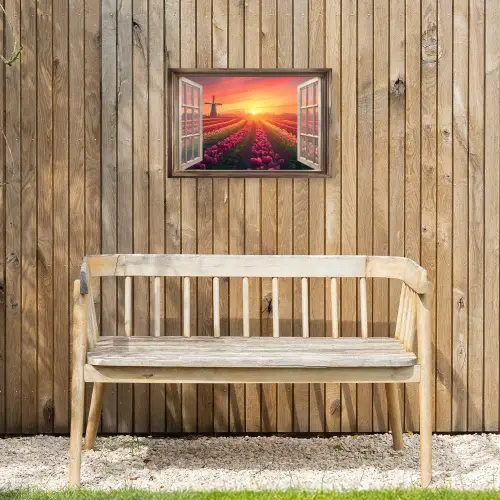 Doorkijk - Tulpen - Zonsondergang - Bloemen - Kleurrijk Tuinposter op houten frame 2 cm dik klein -sfeer4