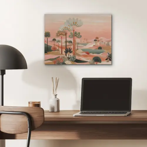 Roze landschap - Palmen - Water PET vilt klein -sfeer5