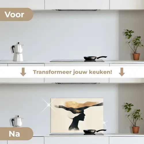 Vrouw - Golven - Zwart keuken achterwand spatscherm klein -voor_na_NL