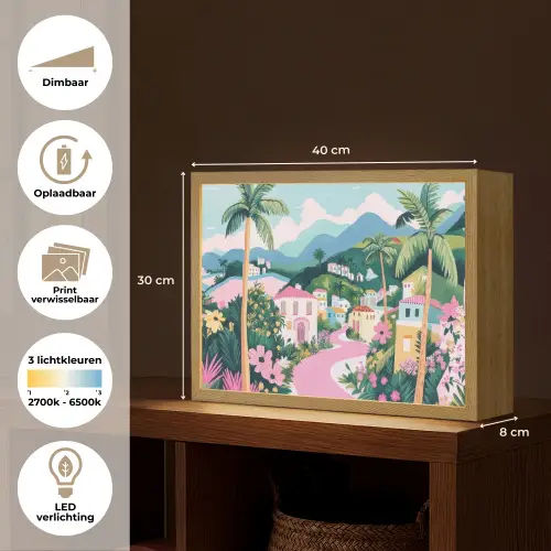 Kleurrijk - Huizen - Heuvels - Roze Light Box met batterij (Wandlamp) middel -USP_websiteoverzichtNL