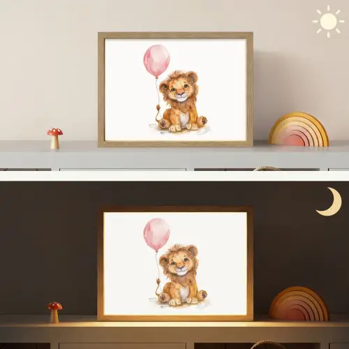 Leeuw - Baby dier - Dieren - Roze ballon Light Box met batterij (Wandlamp kind) middel -sfeer3_kind
