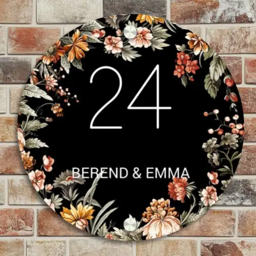 Bloemen - Zwart - Klassiek Naambord Rond klein -sfeer2