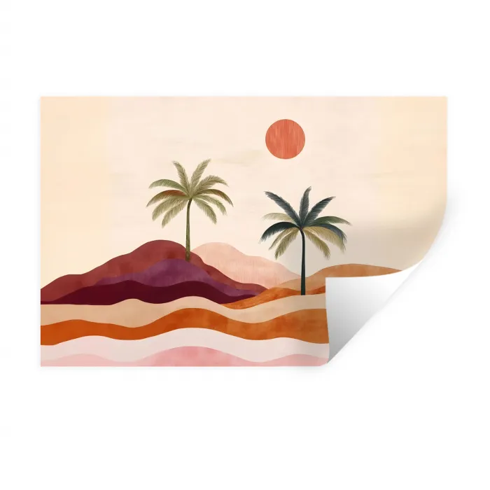 Palmbomen - Abstract - Zon - Heuvels Muursticker klein -3d