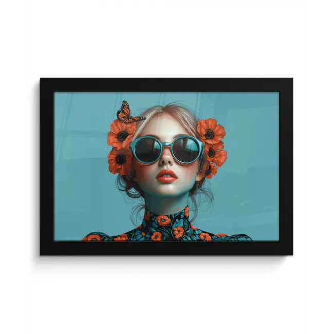 Vrouw - Blauw - Vlinder - Bloemen - Aesthetic fotolijst zwart zonder passe partout klein -3d