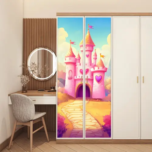 Kasteel - Roze - Pad - Sprookje - Fantasie deurposter klein -sfeer3