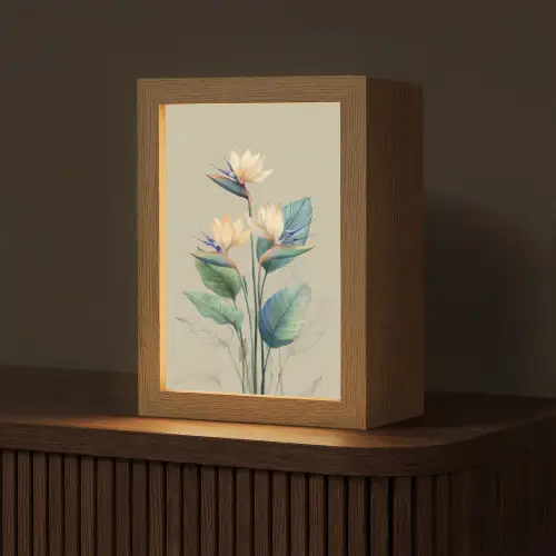 Paradijsvogelbloemen - Blauwgroene bladeren - Beige Light Box met kabel (Tafellamp) klein -z3d_website