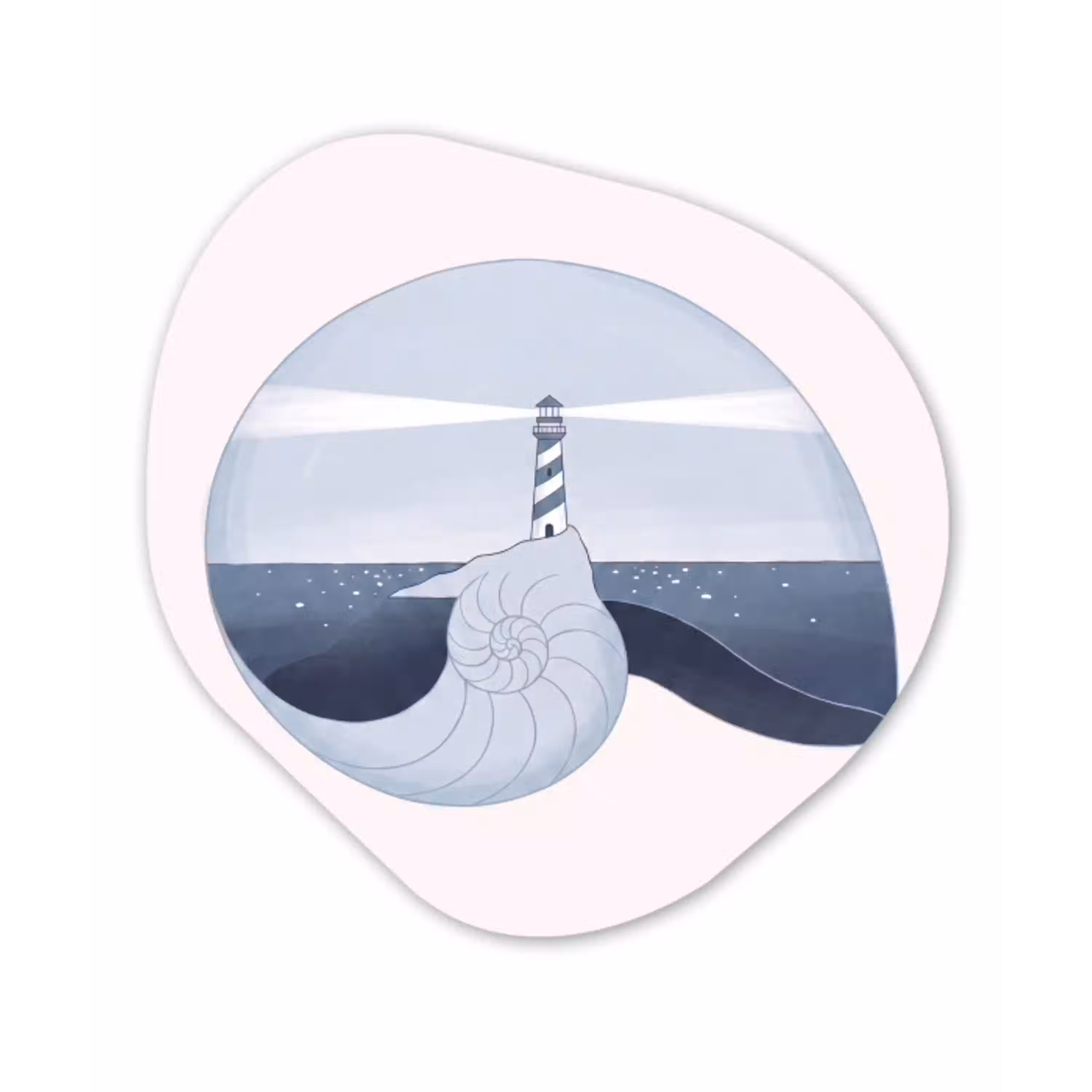 Vuurtoren - Zee - Schelp - Abstract - Blauw Wandcirkel Organisch Aluminium middel -3d