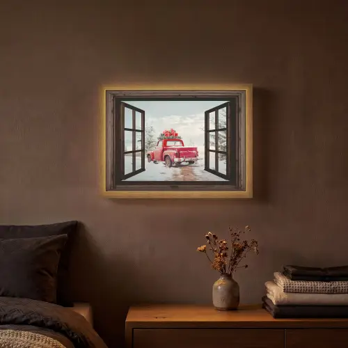 Doorkijk - Auto - Rood - Cadeaus - Winterlandschap - Kerst Light Box met batterij (Wandlamp) middel -sfeer4