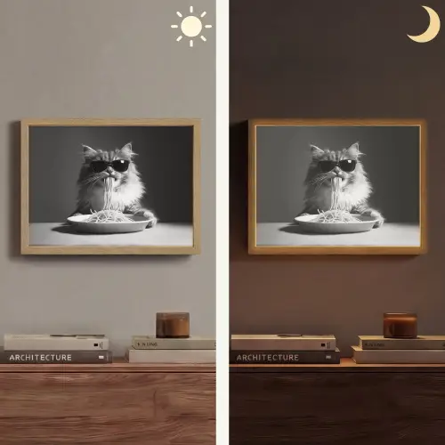 Langharige kat - Zonnebril - Spaghetti - Humor - Zwart - wit Light Box met batterij (Wandlamp) middel -sfeer3