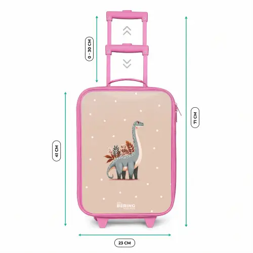 Blauwe dinosaurus op een beige stippenachtergrond Kinderkoffer - Roze klein -productfoto_formaten