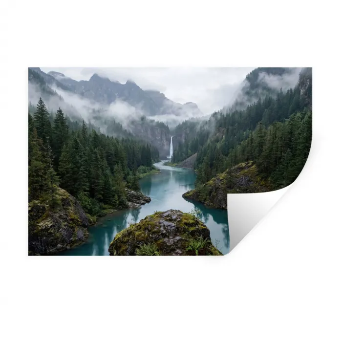 Waterval - Bomen - Bergen Muursticker klein -3d