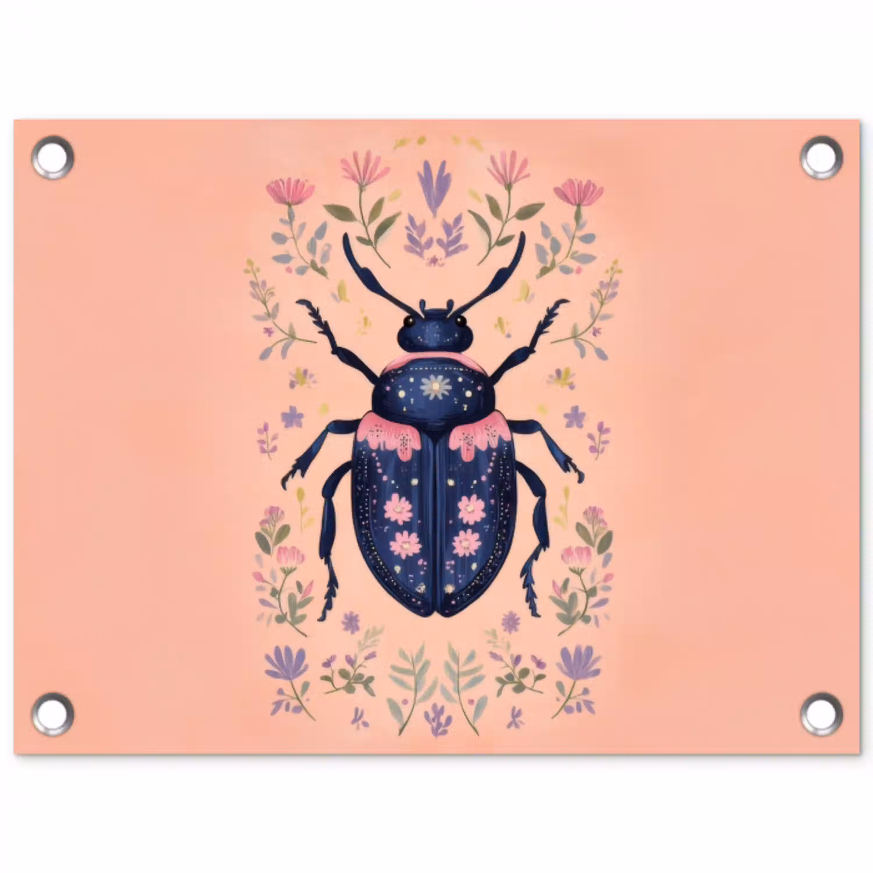 Kever - Donkerblauw - Bloemen - Sierlijk tuinposter los doek klein -3d