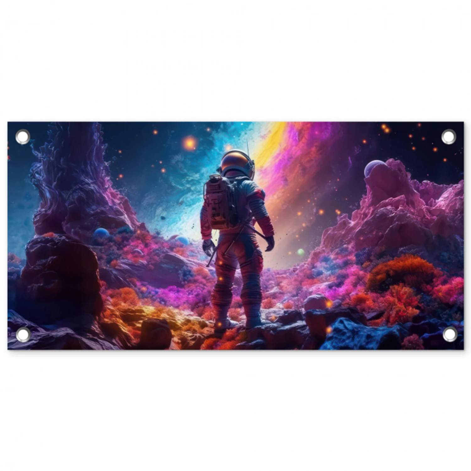 Ruimte - Astronaut - Neon - Sterren tuinposter los doek klein -3d