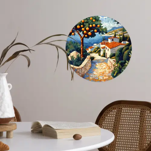 Huizen - Mozaïek - Sinaasappelbomen - Zee Wandcirkel behangsticker klein -sfeer3