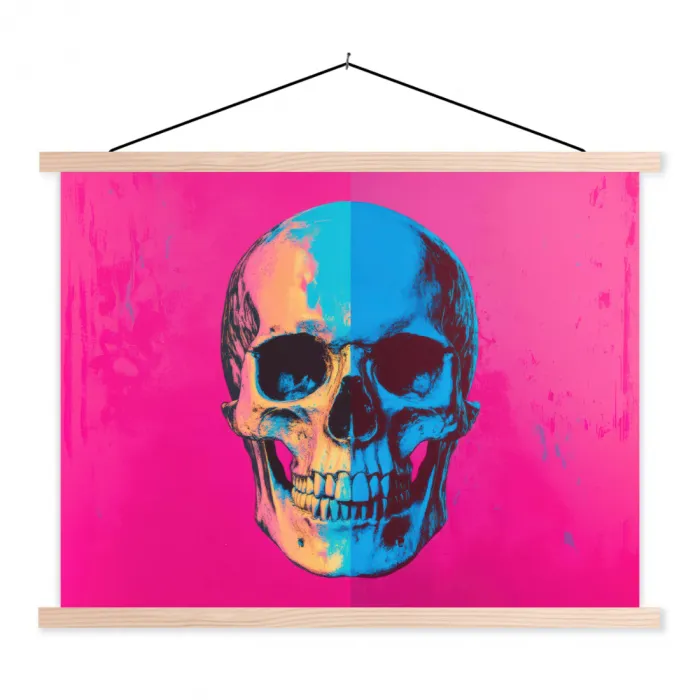 Neon - Blauw - Pop-art - Schedel textielposter latten blank klein -3d