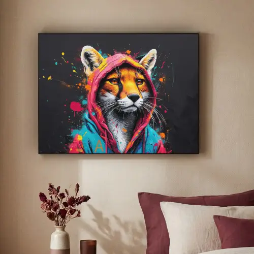 Graffiti - Vos - Jas - Pop art - Dieren Textielframe zwart klein -sfeer1