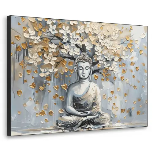 Boeddha - Bloemen - Boom - Goud - Modern Textielframe - compleet frame klein -3d