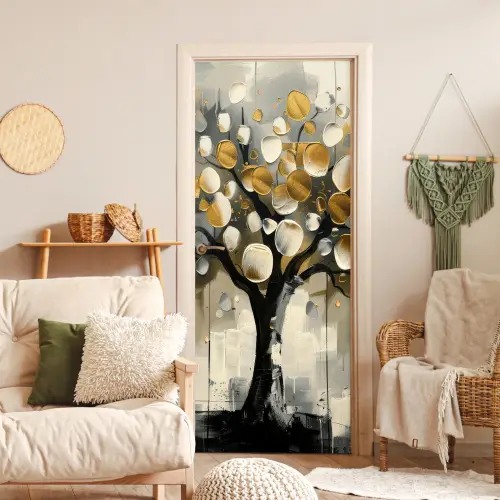 Boom - Abstract - Beige - Goud - Zwart deurposter klein -sfeer2