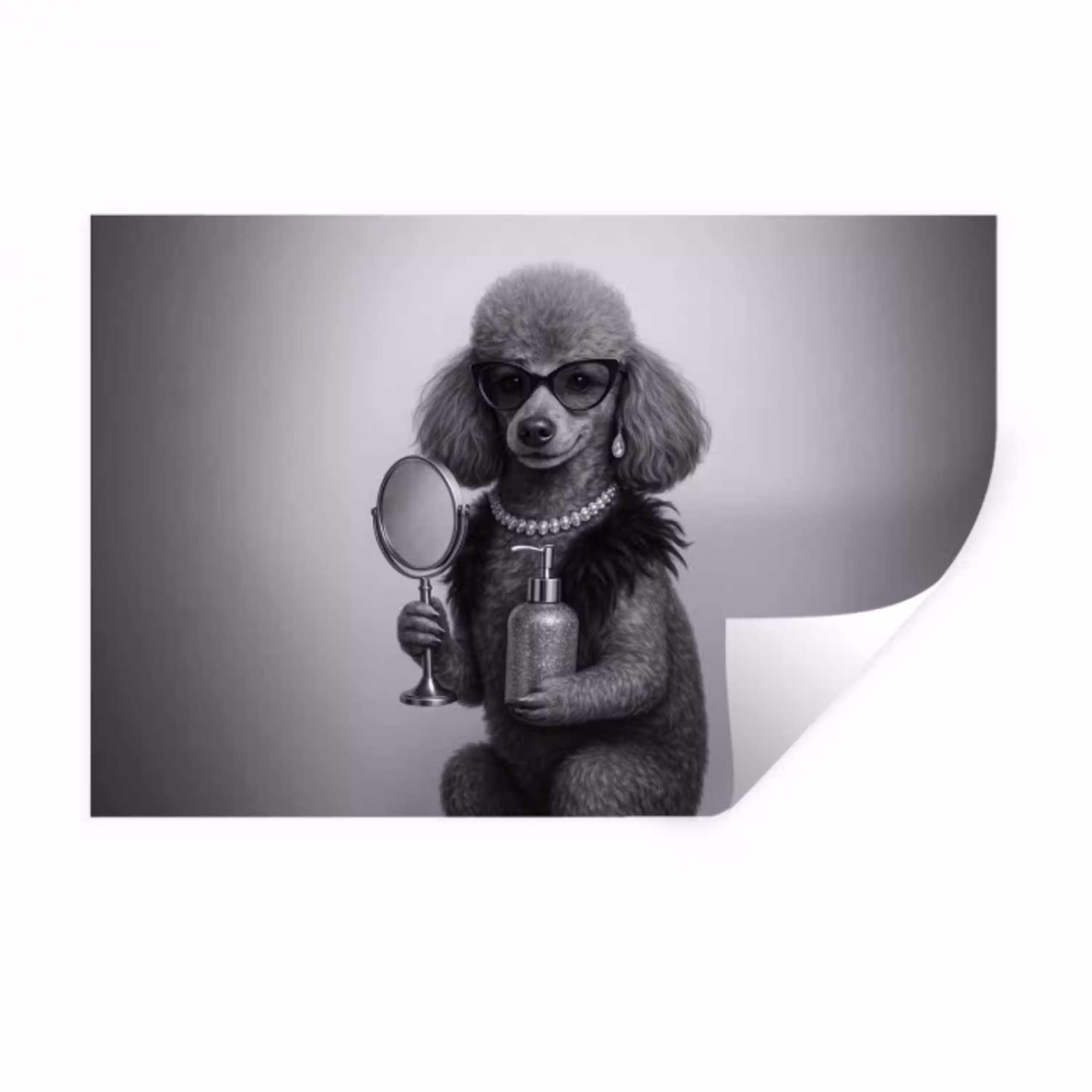 Poedel - Spiegel - Zwart - Wit Muursticker klein -3d
