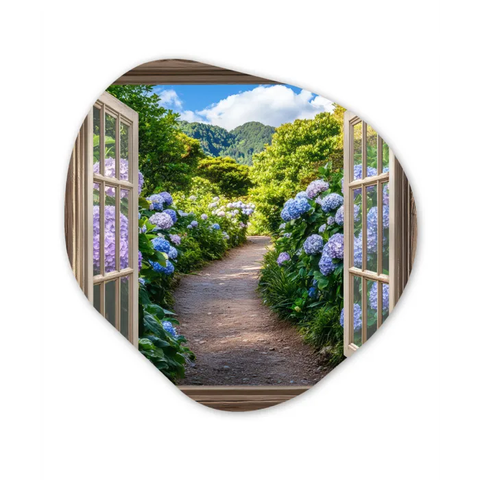 Doorkijk - Hortensia - Pad - Natuur Wandcirkel Organisch Aluminium middel -3d