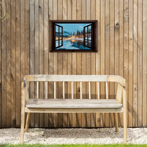 Doorkijk - Winter - Landschap - Natuur - Huis - Bergen Tuinposter op houten frame 2 cm dik klein -sfeer4