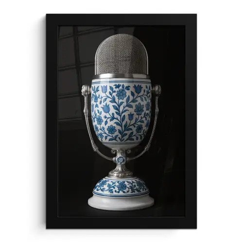 Microfoon - Delfts blauw - Muziek fotolijst zwart zonder passe partout klein -3d