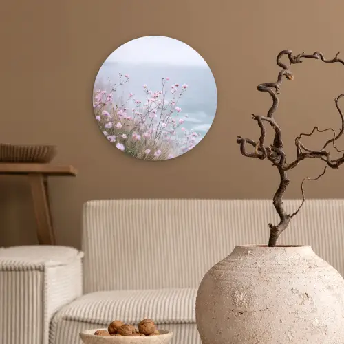 Klif - Bloemen - Zee - Roze Wandcirkel plexiglas klein -sfeer1