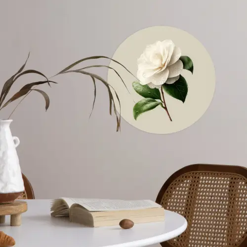 Cameliabloem - Wit - Groen Wandcirkel behangsticker klein -sfeer3