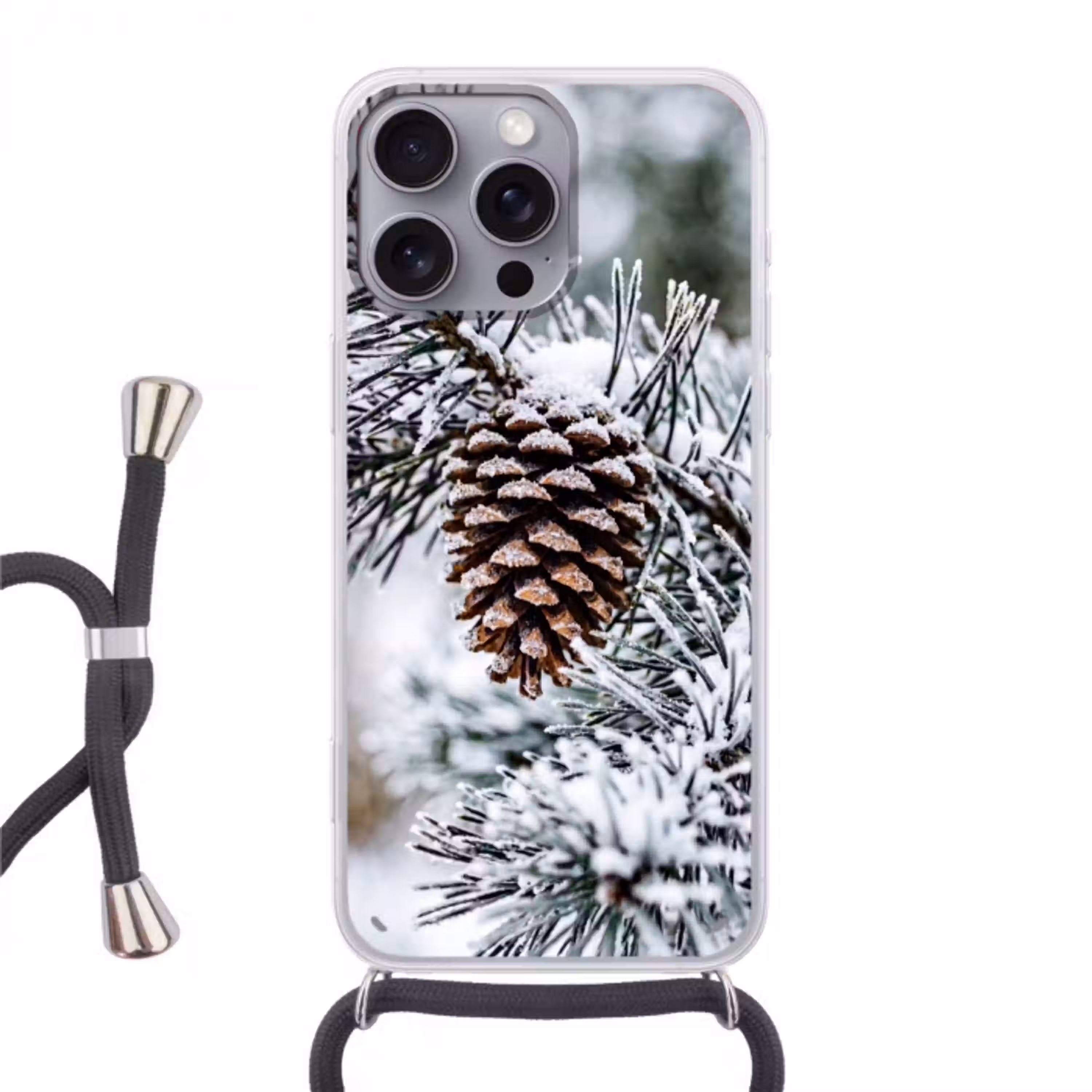 Dennenappel - Tak - Sneeuw - Winter - Sfeervol Hoesje iPhone 16 Pro Max met koord klein -3d
